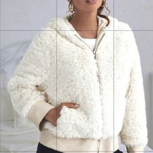 Shein Teddy Jacket Zip-Up Hooded Furry Cottagecore Ribbed Pockets Cozy Warm NWOT